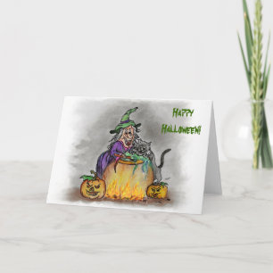 Cartão Bruxa e gato, Feliz Halloween!