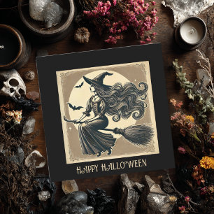 Cartão Bruxa Elegante de Vassoura Vintage Halloween Preto