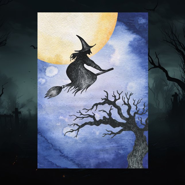 Cartão Bruxa feliz do vôo do cumprimento do Dia das (Happy Halloween Flying Witch Spooky Greeting Card)