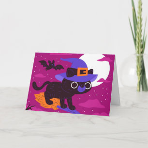 Cartão Bruxa Fofa Gato Voando em Vassoura Halloween Kawai