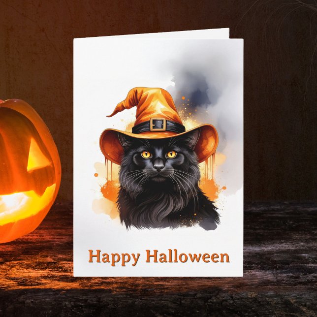 Cartão Bruxa Gato Preto Capuz Laranja Halloween Fantasios (Happy Halloween Black Cat Greeting Card. Witchy familiar spooky season greetings cards)