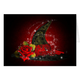 Cartão Bruxa Glamourosa Chapéu de Renda Preto e Vermelho
