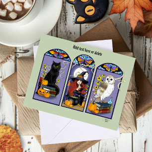 Cartão Bruxa Gótica Gato Preto Coruja Halloween Art Nouve