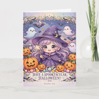 Cartão Bruxa Kawaii Fofa Temporada Assustadora Halloween 