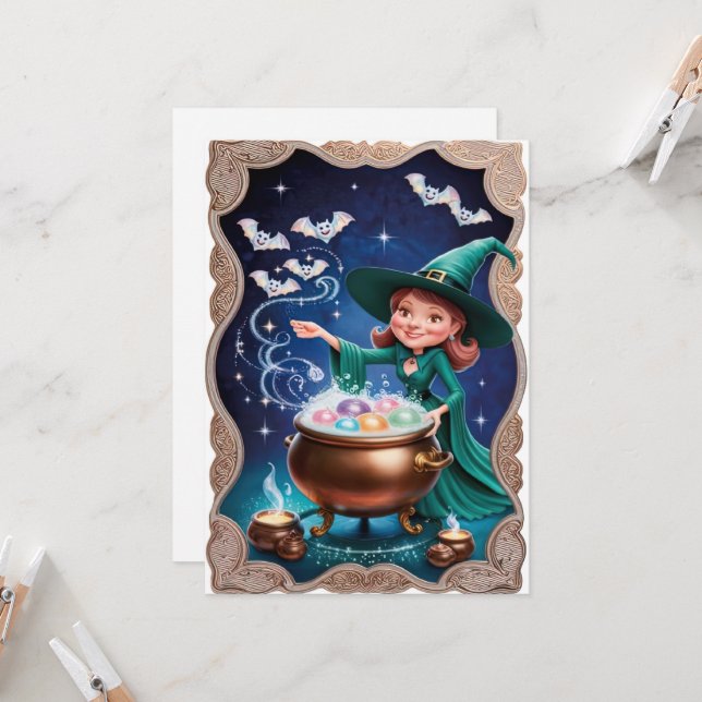 Cartão Bruxa Mágica de Halloween com Caldron (Frente/Verso In Situ)