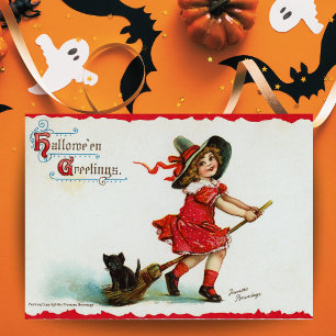 Cartão Bruxa Menina Fofa Halloween Vintage Personalizado