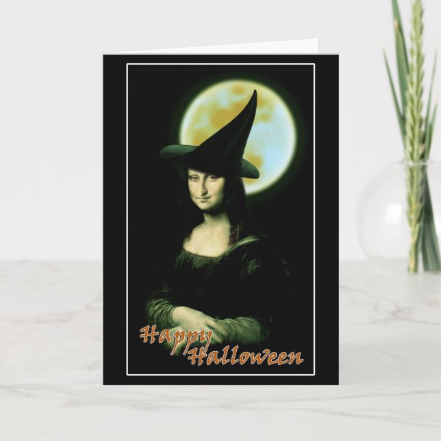 Cartão Bruxa Mona Lisa Halloween Lua Cheia (Frente)