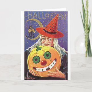 Cartão Bruxa Sorrindo de Halloween e Abóbora
