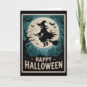 Cartão Bruxa Spooky do Halloween voando através de uma lu