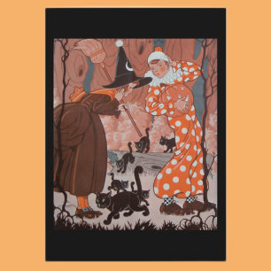Cartão Bruxa Vintage Clown e Gatos Pretos Halloween