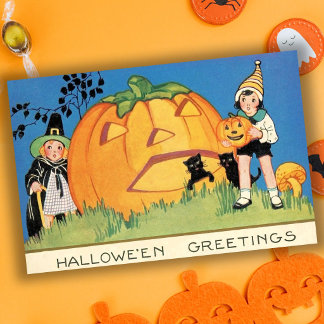 Cartão Bruxa Vintage Fofo & Jack-O-Lantern Halloween