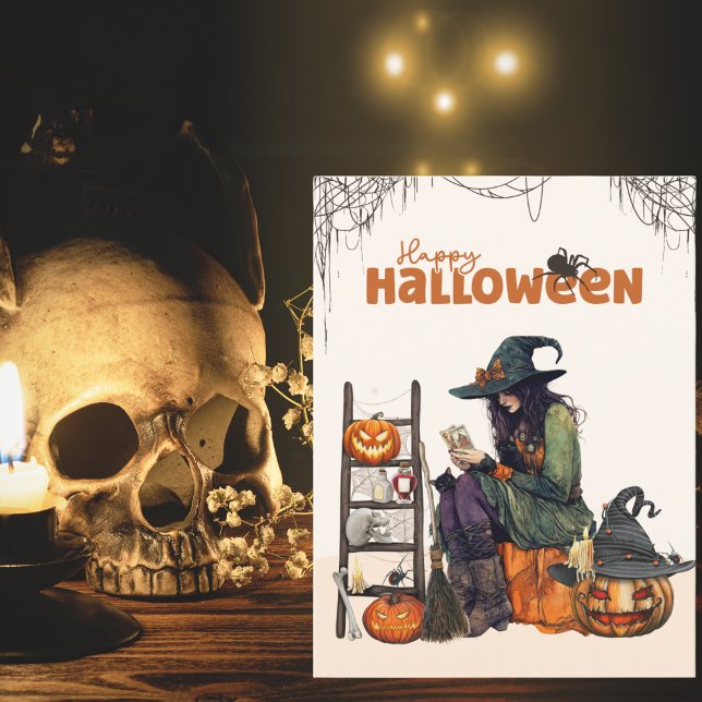 Cartão Bruxa Vintage Tarot Abóbora Assustadora Halloween (Criador carregado)