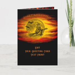 Cartão bruxa voadora com gato preto, noite de halloween