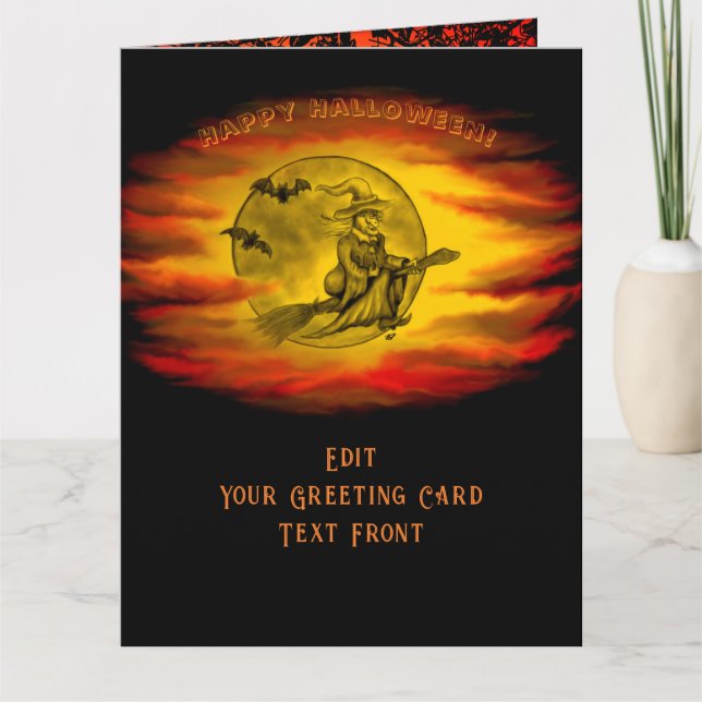 Cartão bruxa voadora com gato preto, noite de halloween (Frente)