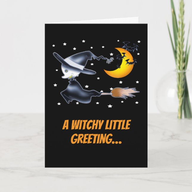 Cartão Bruxa Voadora e Lua Crescente Noite de Halloween (Frente)