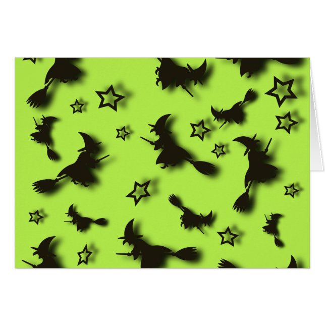 Cartão bruxa voadora entre as estrelas na noite de Hallow (Frente Horizontal)