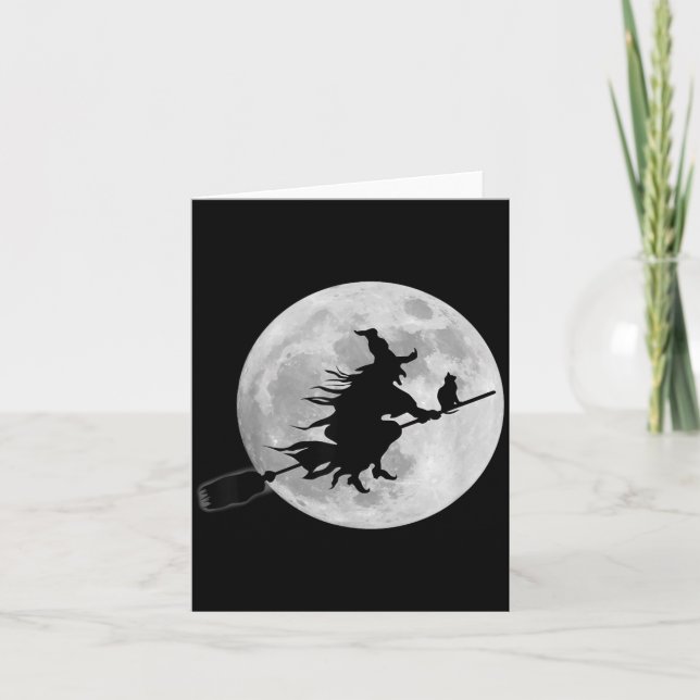 Cartão Bruxa Voadora na Vassoura Halloween Lua Cheia (Frente)