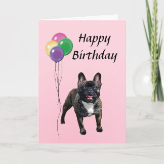 Cartão Buldogue francês com balões Feliz aniversário