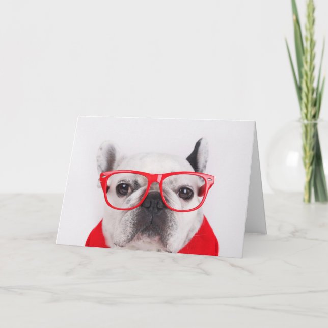 Cartão Buldogue Francês com Óculos e Camisa (Frente)