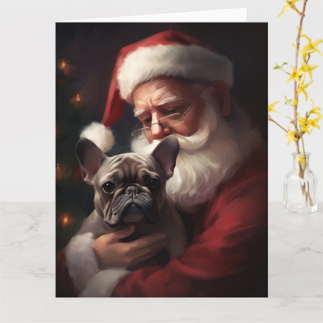 Cartão Buldogue Francês com Papai Noel Natal Festivo (Flor Amarela)