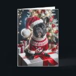 Cartão Buldogue Francês de Natal Com Papai Noel<br><div class="desc">O Bulldog Francês vestido com um suéter festivo e o chapéu de Papai Noel se senta sobre uma caixa de presentes cercada por presentes de Natal. O texto pode ser alterado.</div>