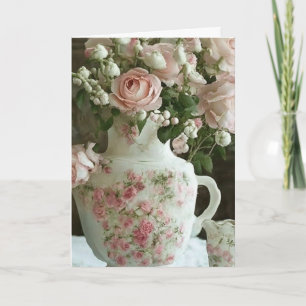 Cartão Bule de Chá Chinês Vintage Bonito e Rosas Aniver