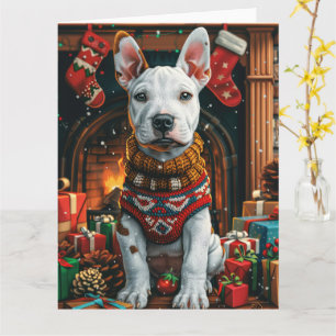 Cartão Bull Terrier com Presentes de Natal na Lareira
