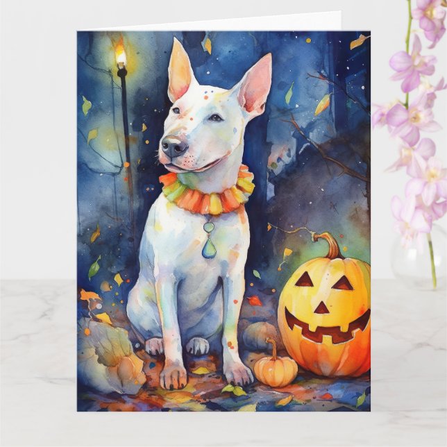 Cartão Bull Terrier de Halloween com Abóboras Assustadora (Orquídea)