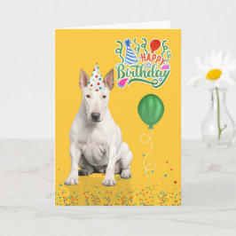 Cartão Bull Terrier Dog Party Hat Yellow Birthday