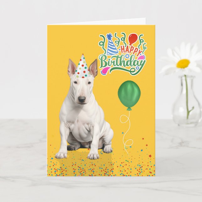 Cartão Bull Terrier Dog Party Hat Yellow Birthday (Planta pequena)