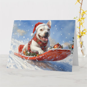 Cartão Bull Terrier Dog Sledge Deixe nevar Natal