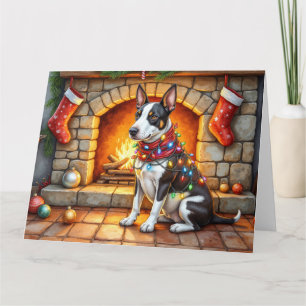 Cartão Bull Terrier Lareira com Luzes de Natal