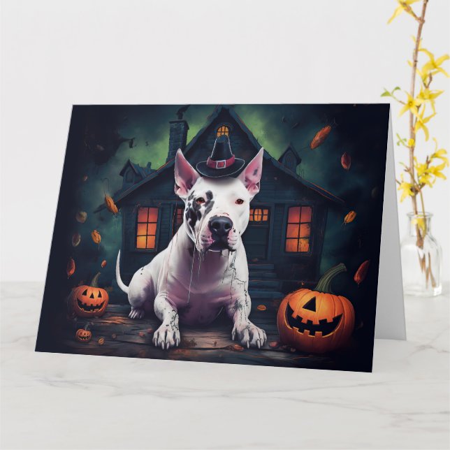 Cartão Bull Terrier Pumpkins Halloween Scary (Flor Amarela)