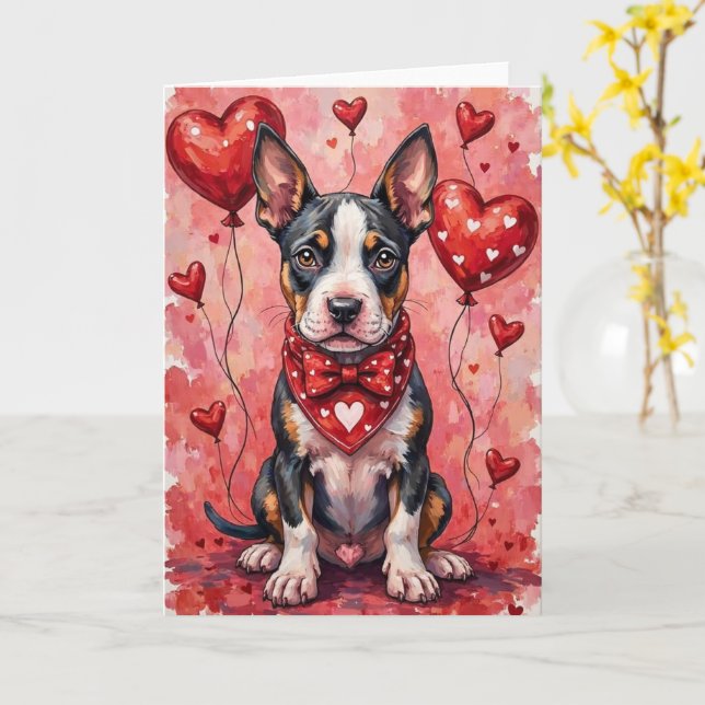 Cartão Bull Terrier Valentine’s Day Dog with Hearts Red (Flor Amarela)
