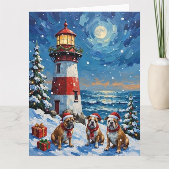 Cartão Bulldog Christmas Lighthouse Holiday (Frente)