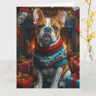 Cartão Bulldog com Presentes de Natal Lareira