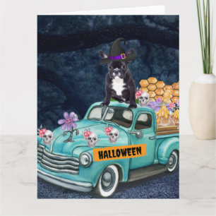 Cartão Bulldog Francês Caminhão de Halloween Noite Assust