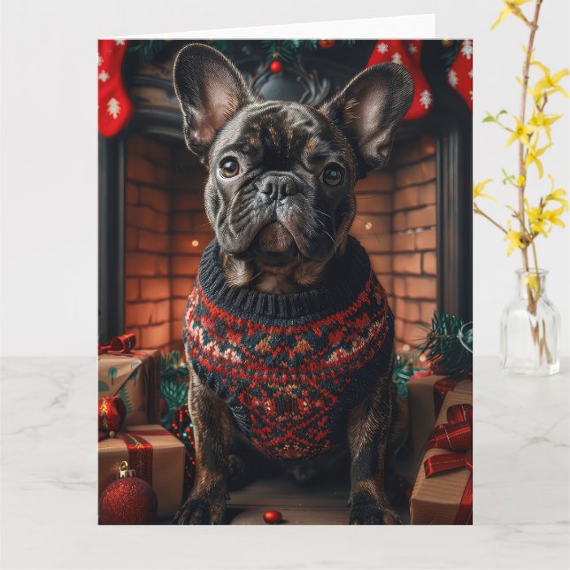 Cartão Bulldog Francês Com Presentes de Natal Lareira (Flor Amarela)