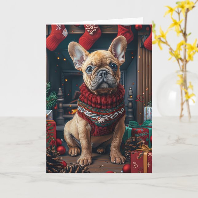 Cartão Bulldog Francês Com Presentes de Natal Lareira (Flor Amarela)