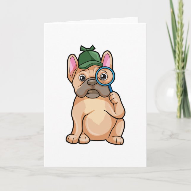 Cartão Bulldog francês como detetive com lupa (Frente)