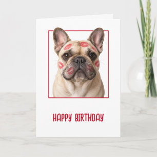 Cartão Bulldog Francês de aniversário com Beijos de Batom