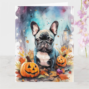 Cartão Bulldog Francês de Halloween com Abóboras Assustad