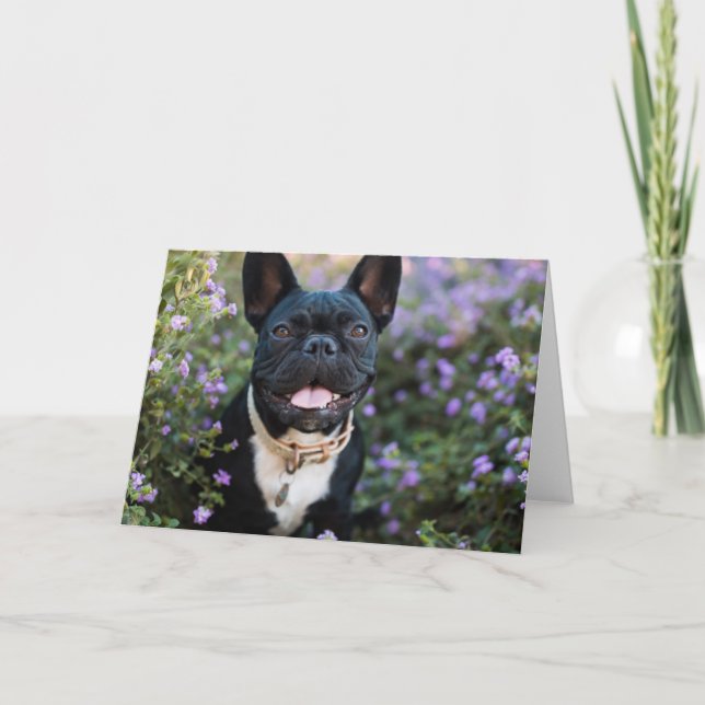 Cartão Bulldog Francês em Flores (Frente)