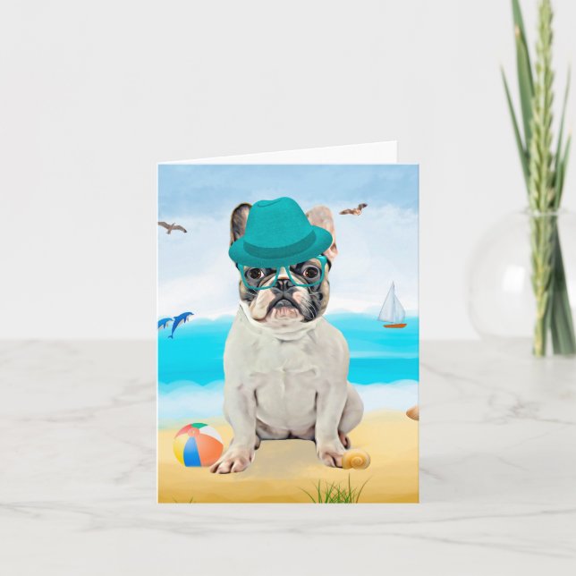 Cartão Bulldog francês na praia (Frente)