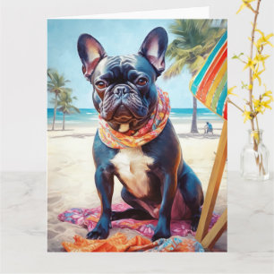Cartão Bulldog Francês na Praia, presente de verão para a