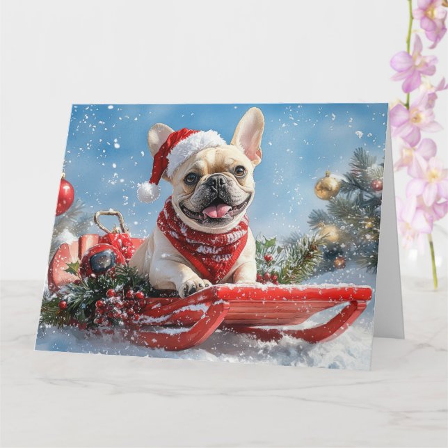 Cartão Bulldog Francês no Trenó Deixe Nevar Natal (Orquídea)