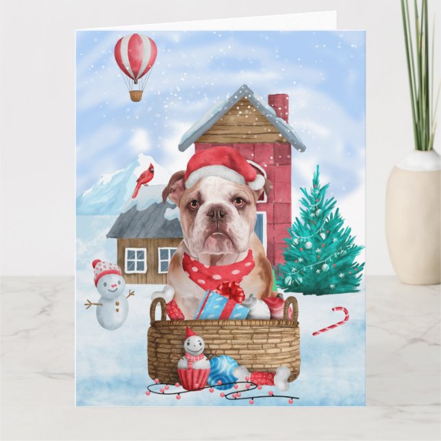 Cartão Bulldog Inglês na Casa de Cachorro de Natal na Nev (Frente)