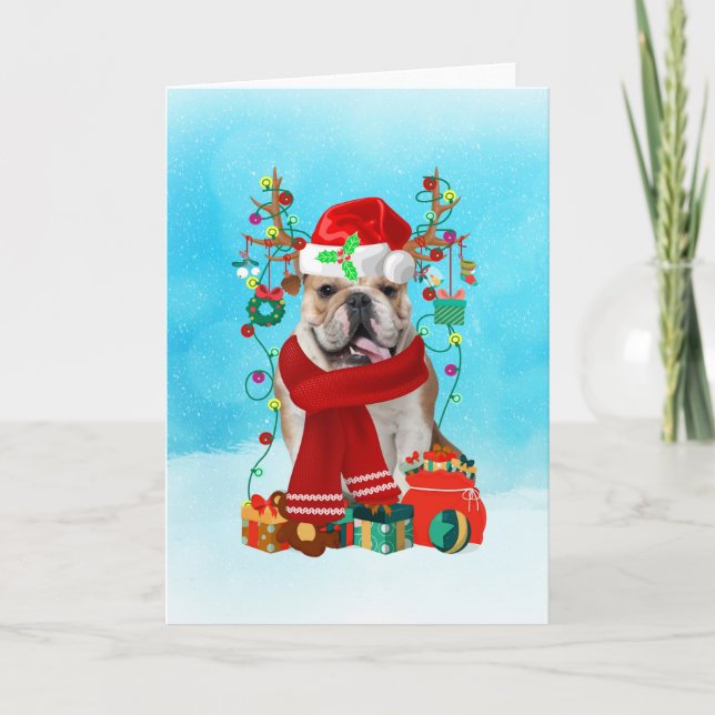 Cartão Bulldog Inglês na neve com presentes de Natal (Frente)