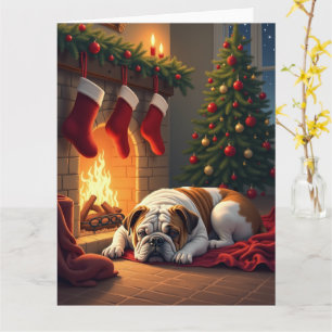 Cartão Bulldog junto à Lareira Pintura de Natal