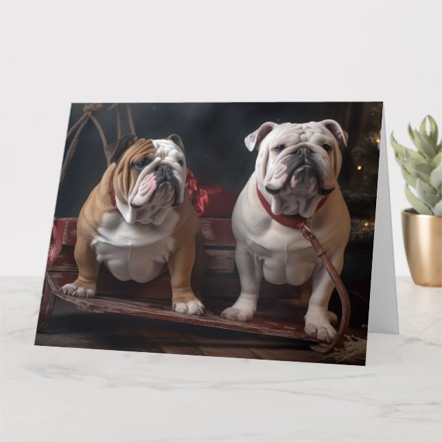 Cartão Bulldog Snowy Sleigh Decência de Natal (Planta pequena)